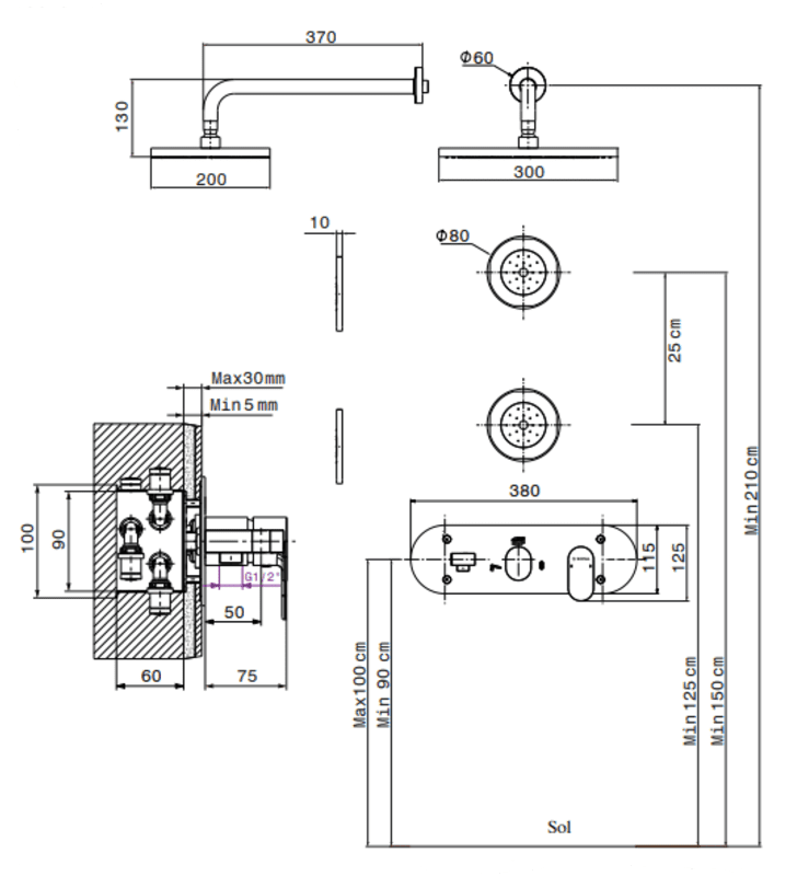 Kit Mitigeur de Douche Encastré Hydromassage Avec 2 Buses Cylindriques Sfax SOPAL