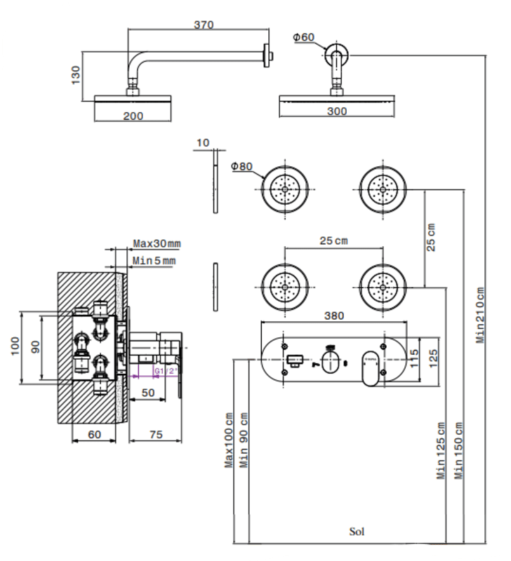 Kit Mitigeur de Douche Encastré Hydromassage  Avec 4 Buses Cylindriques Sfax SOPAL