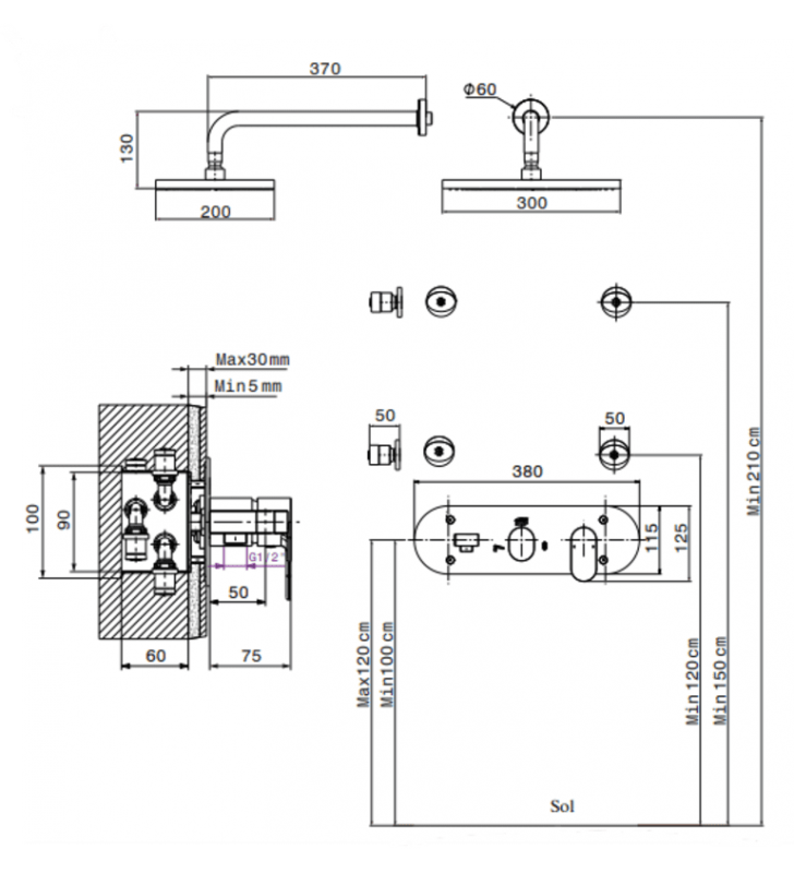 Kit Mitigeur de Douche Encastré Hydromassage Sfax SOPAL