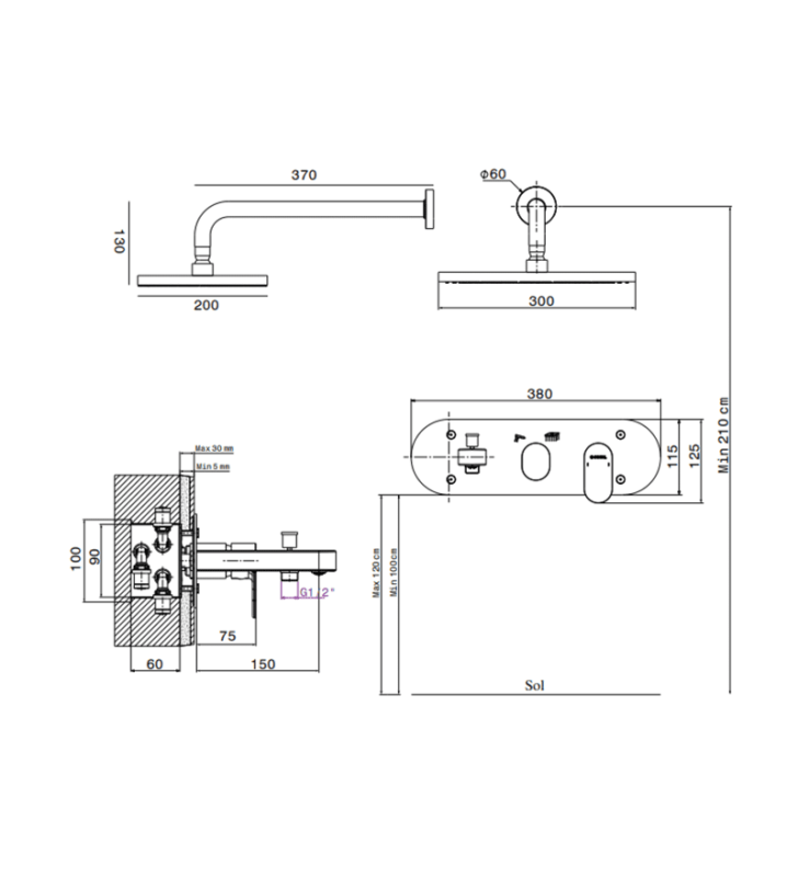 Mitigeur de Bain Douche Encastré 3 Sorties Sfax SOPAL