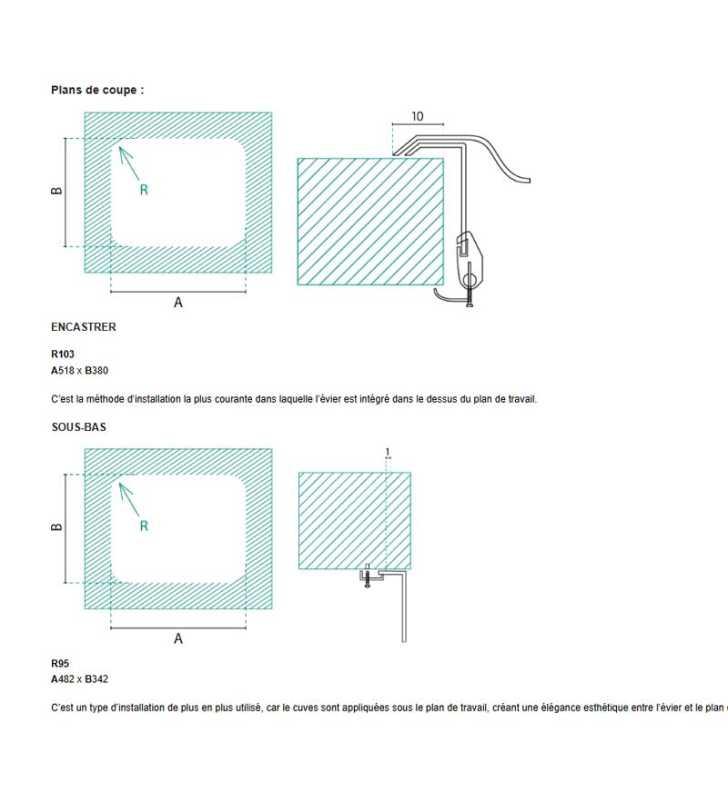 Évier en Inox 540X400 1bac-Rectangulaire  Encastré